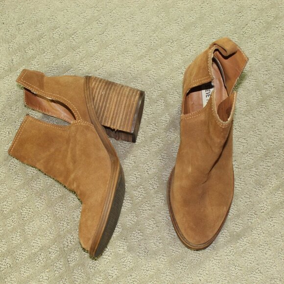 Steve Madden Sharini Booties Wm 8.5M Cognac Brown Suede Slip On 3.5” Block Heel - Picture 1 of 6